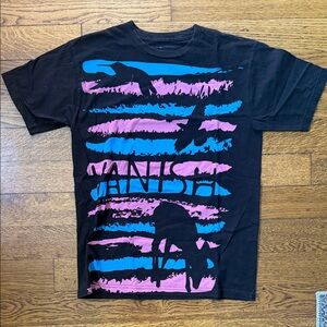 Black Graphic Short Sleeve Tee with Blue and Pink Stripes